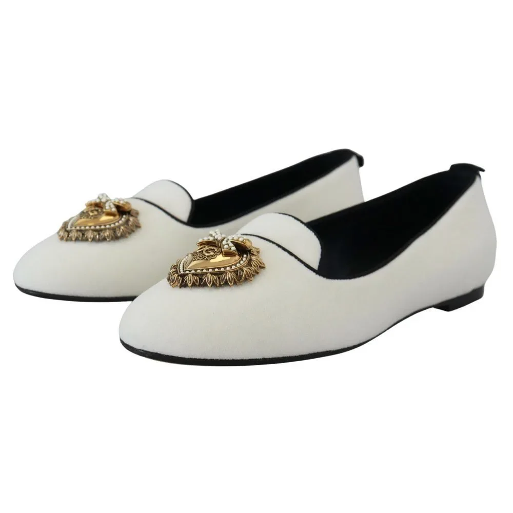Dolce & Gabbana Elegant White Velvet Loafers with Gold Heart Detail - Picture 4 of 9